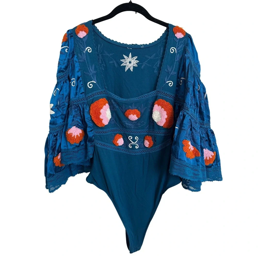 Free People Intimately Blue Tufted Floral Embroidered Bodysuit Bell Sleeves M